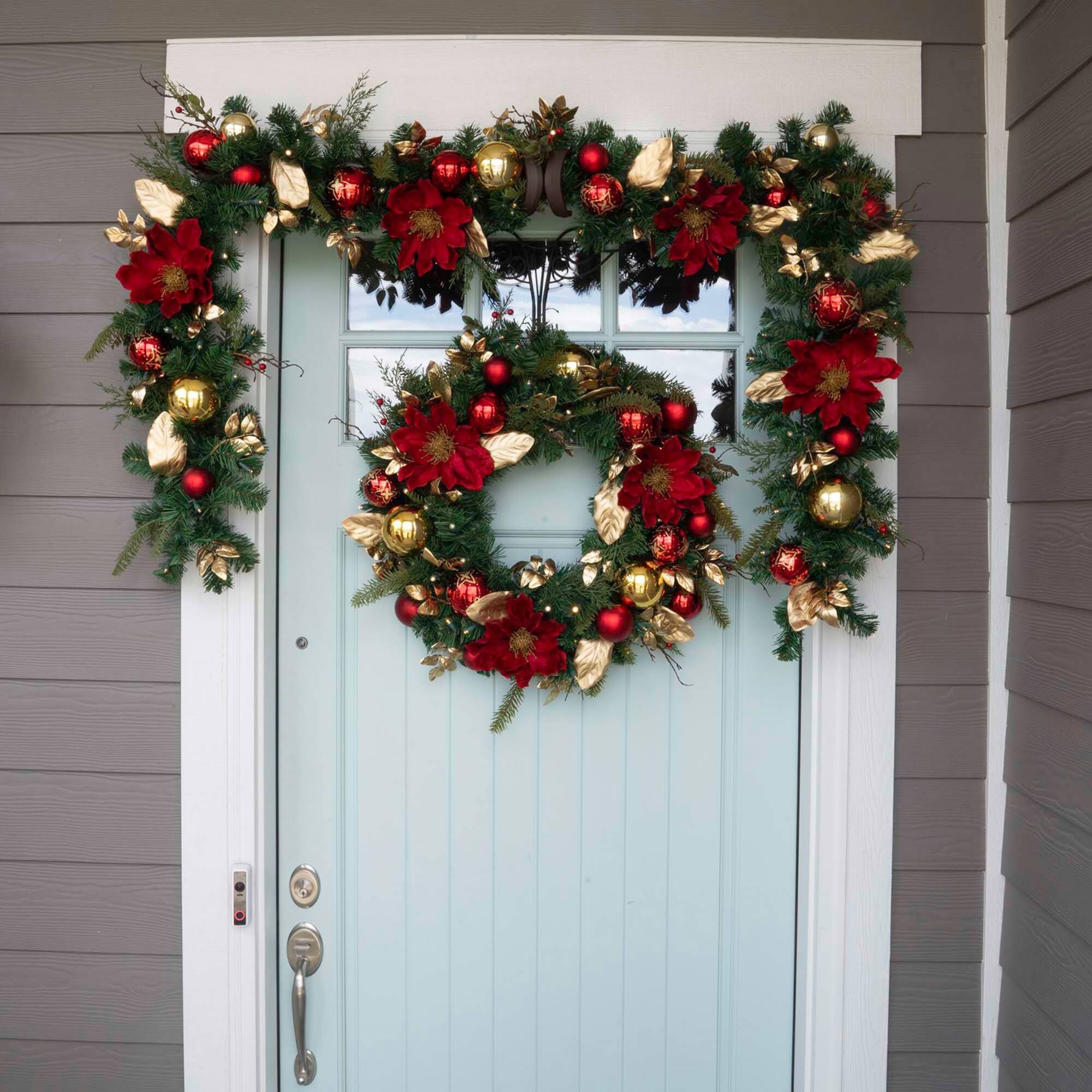 9 ft. Pre-Lit LED Golden Leaf Red Magnolia Artificial Christmas Garland
